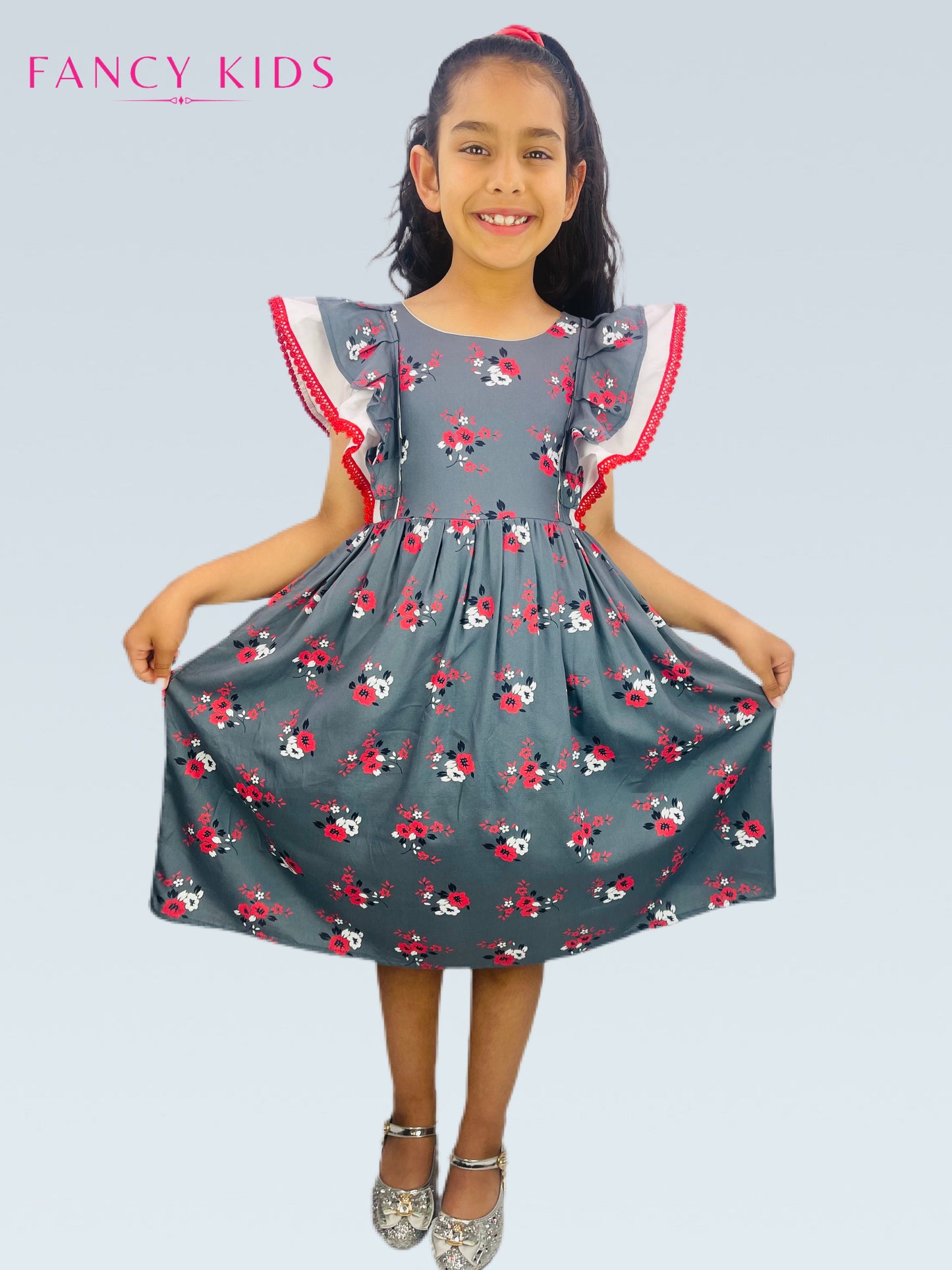 Cotton summer dresses- Grey colour floral-ruffle sleeves