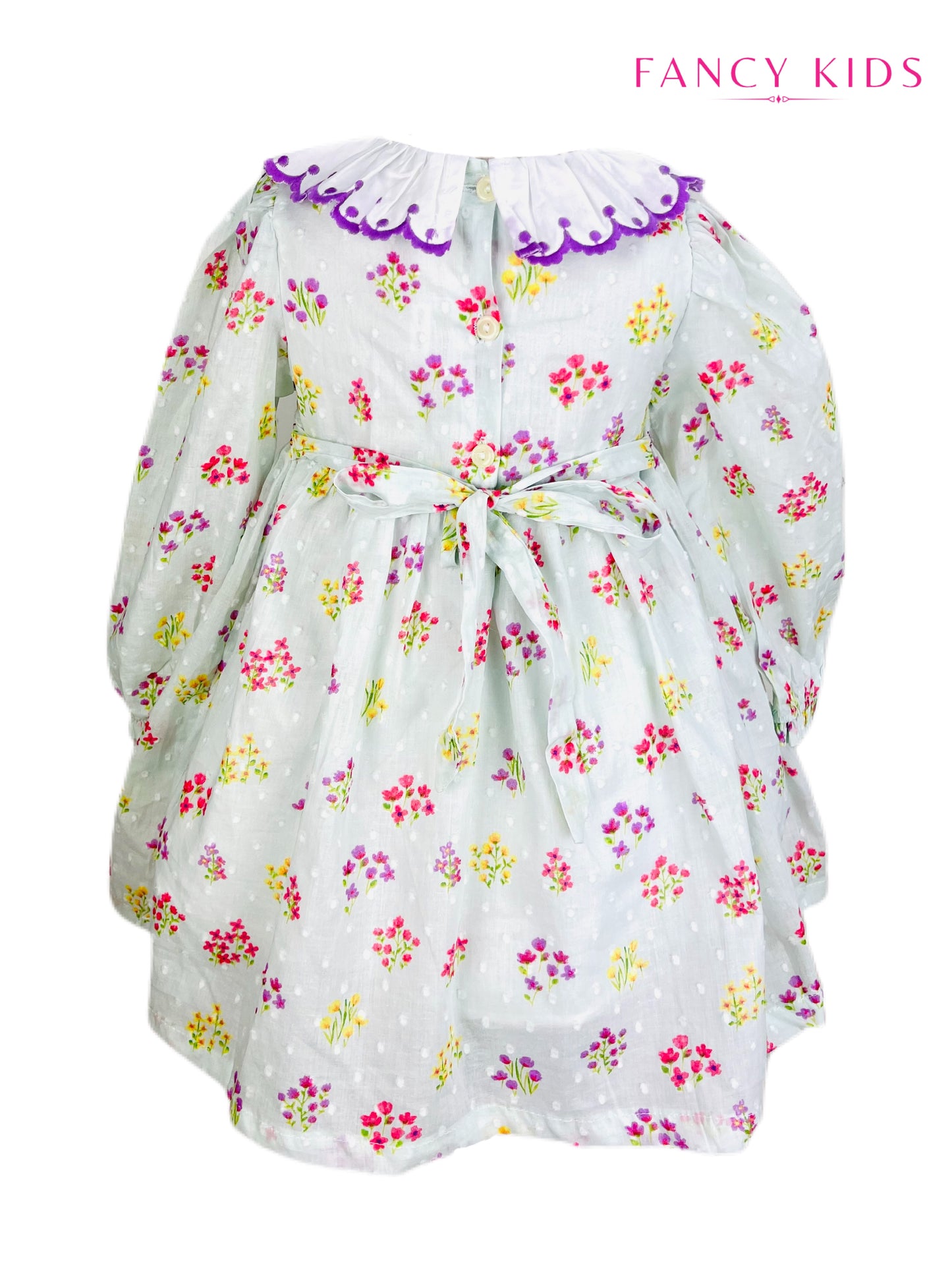 Maria hand smocked light green floral long sleeve  winter dress