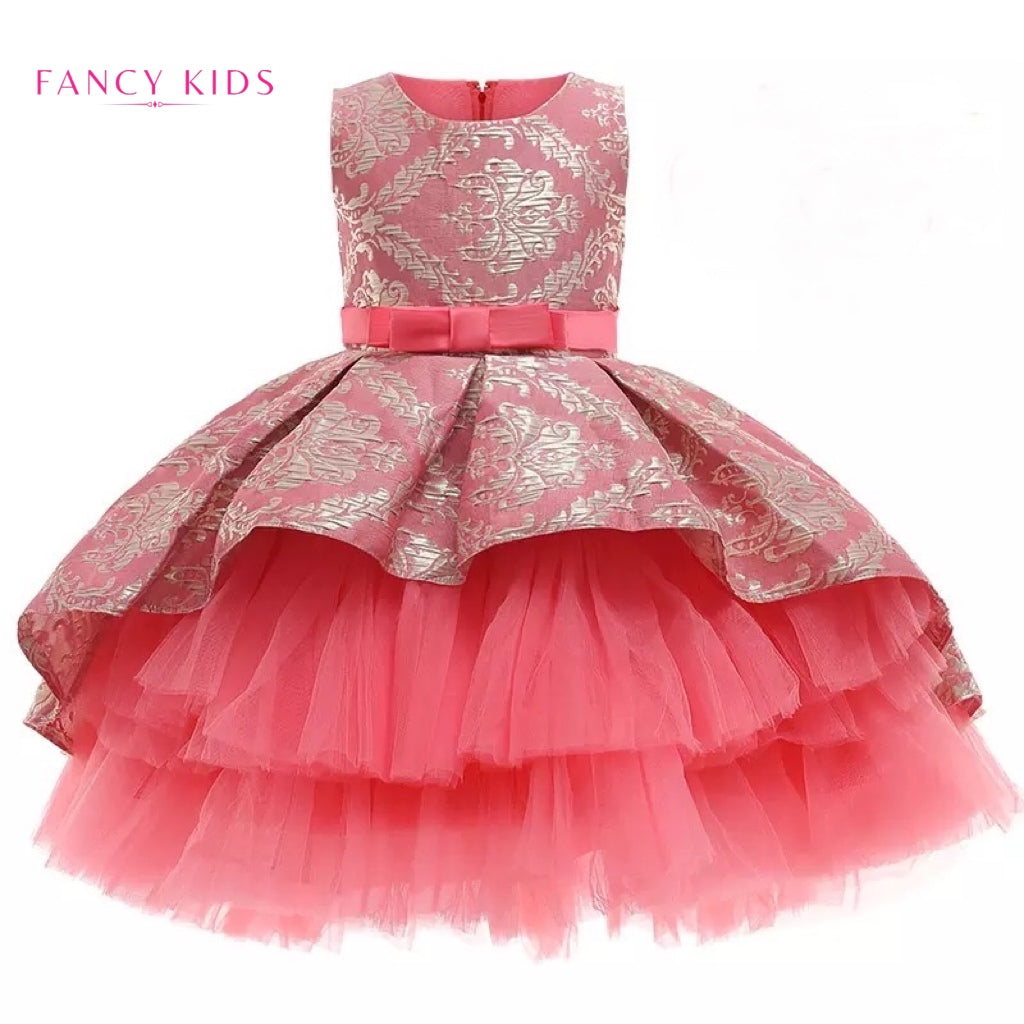 Peach colour embroidered tulle party dress