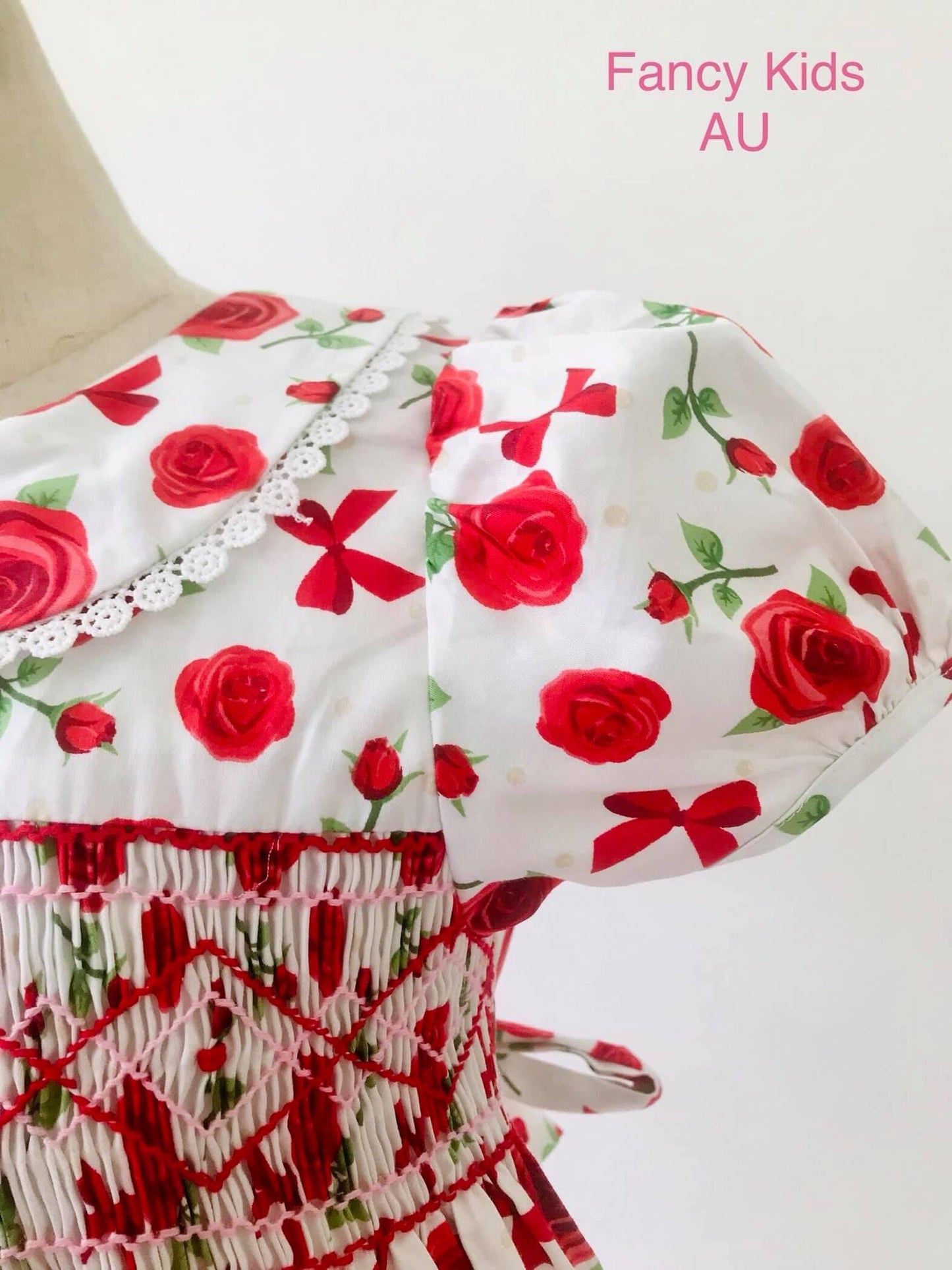 Red white green smocked floral cotton dress