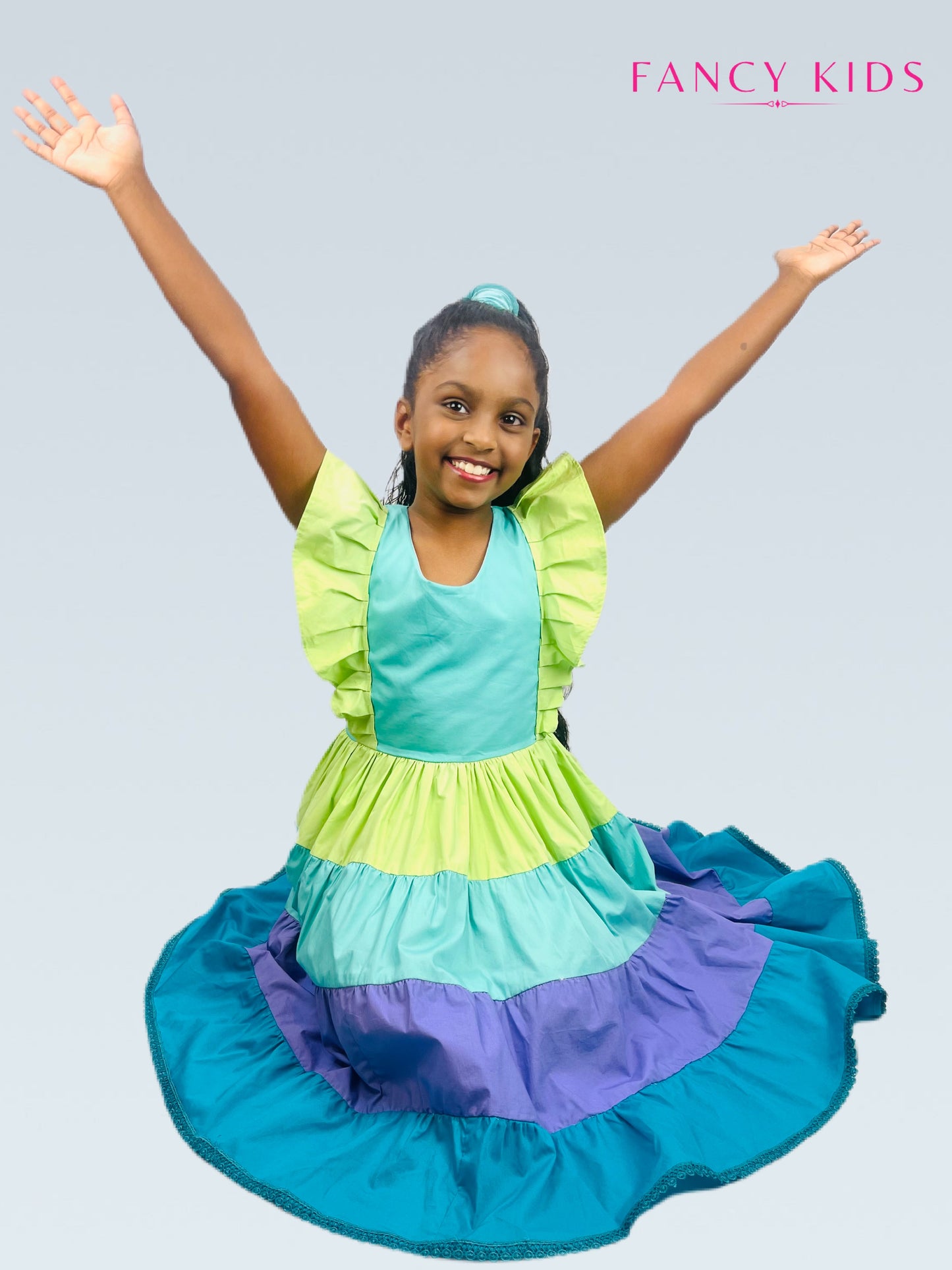 Cotton summer dress-green and purple-layered