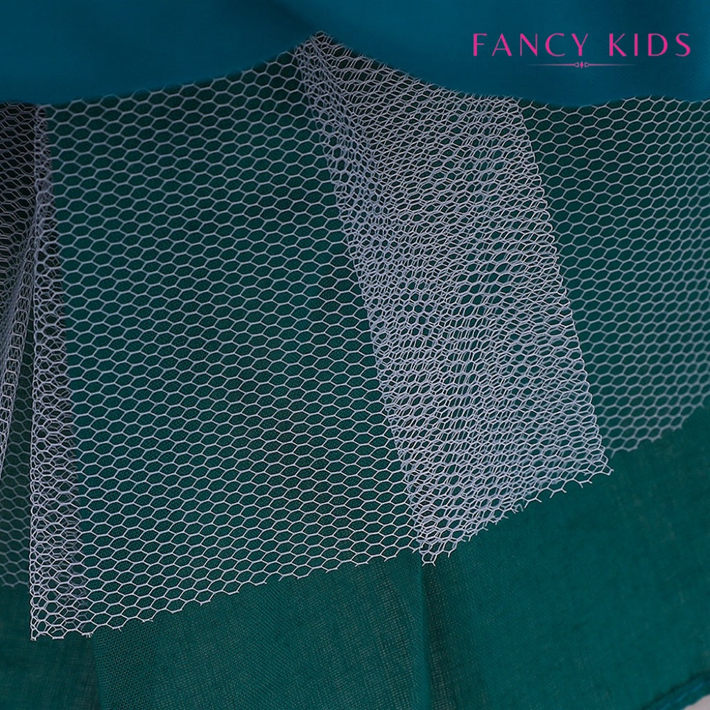 Green colour double bow tulle dress with headband