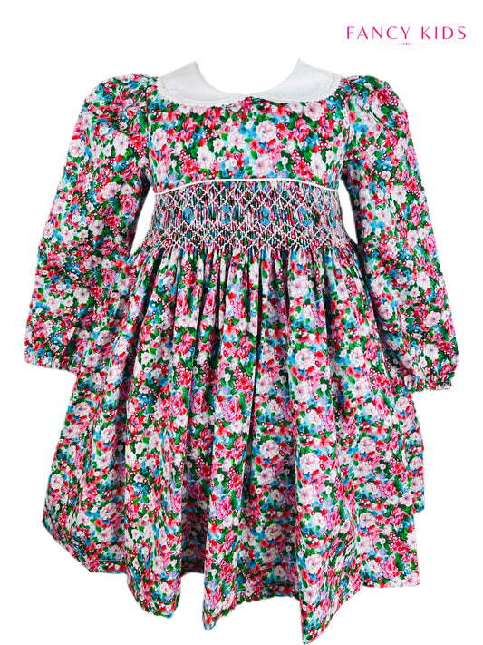 Diana hand smocked long sleeve floral dress