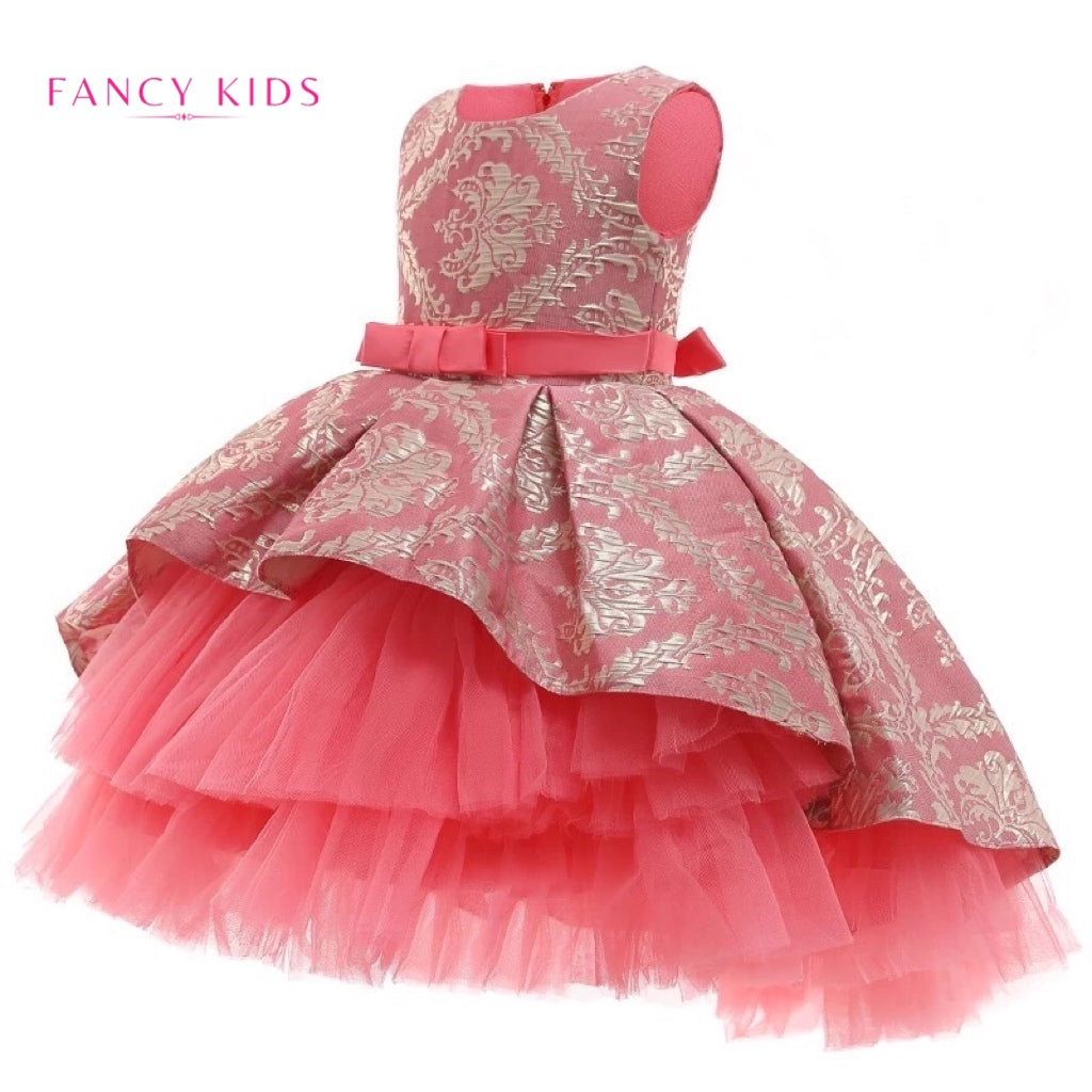 Peach colour embroidered tulle party dress