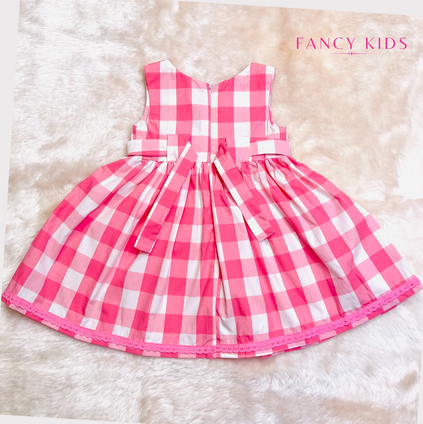 Pink checked embroidered baby dress