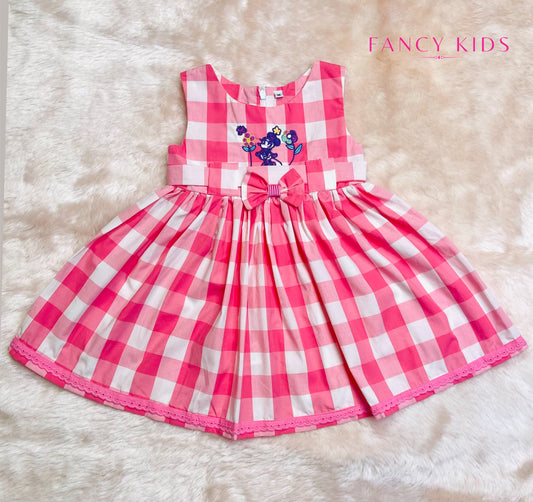 Pink checked embroidered baby dress