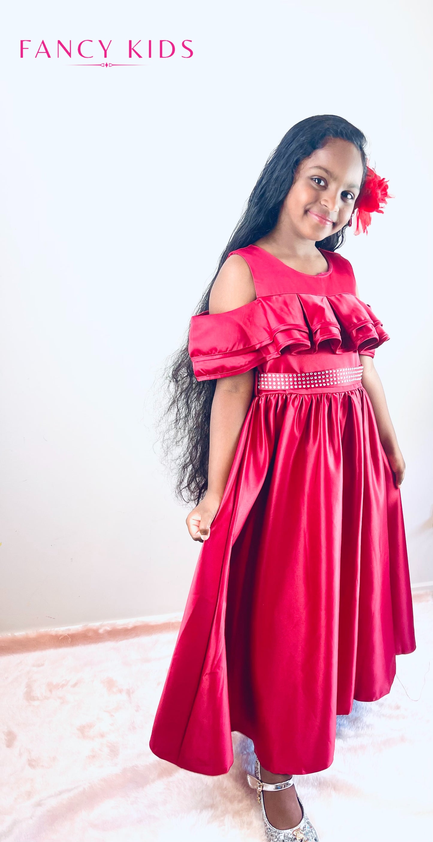 Burgundy colour off shoulder long dress