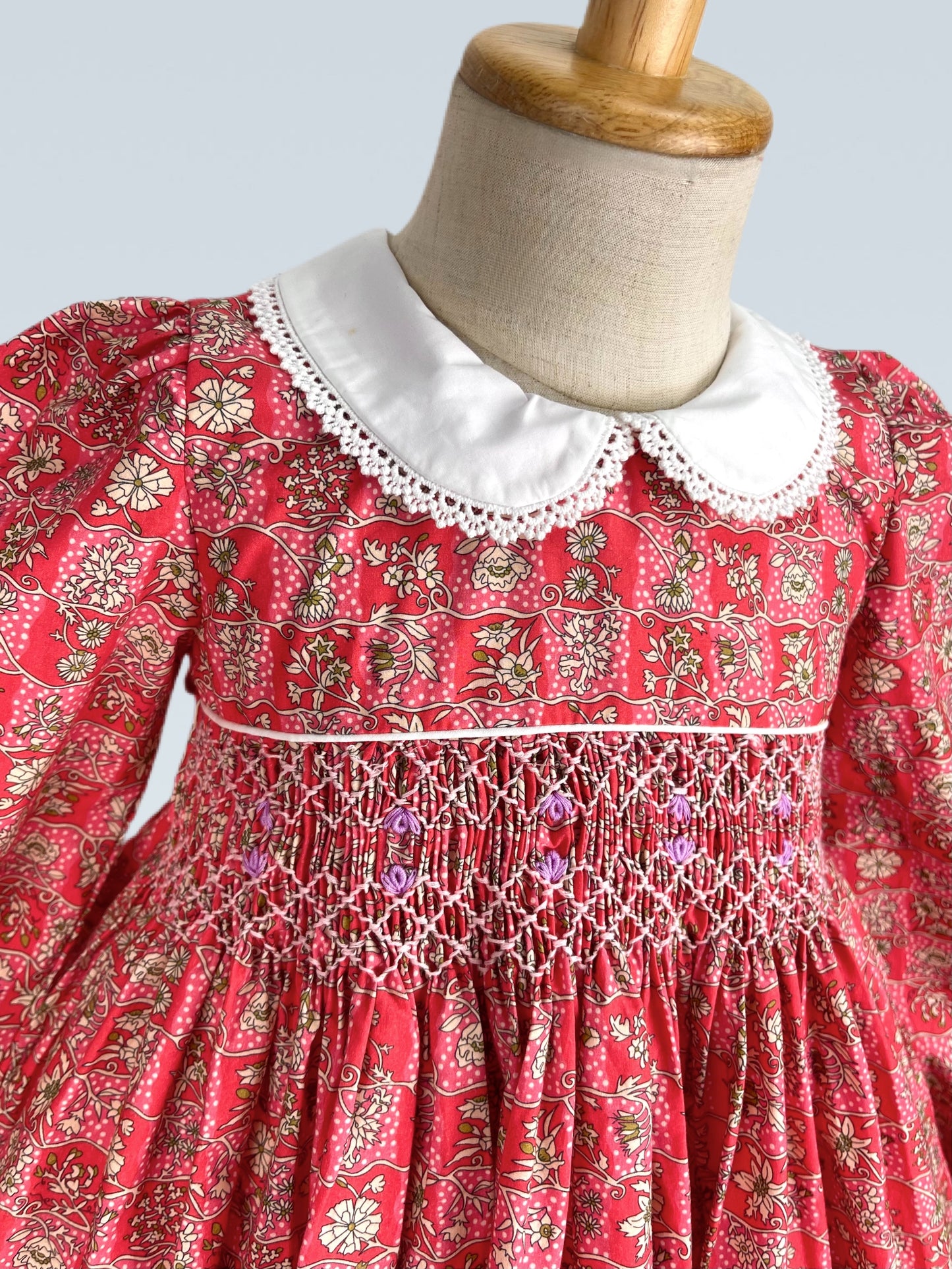 Audrey hand smocked long sleeve red floral dress