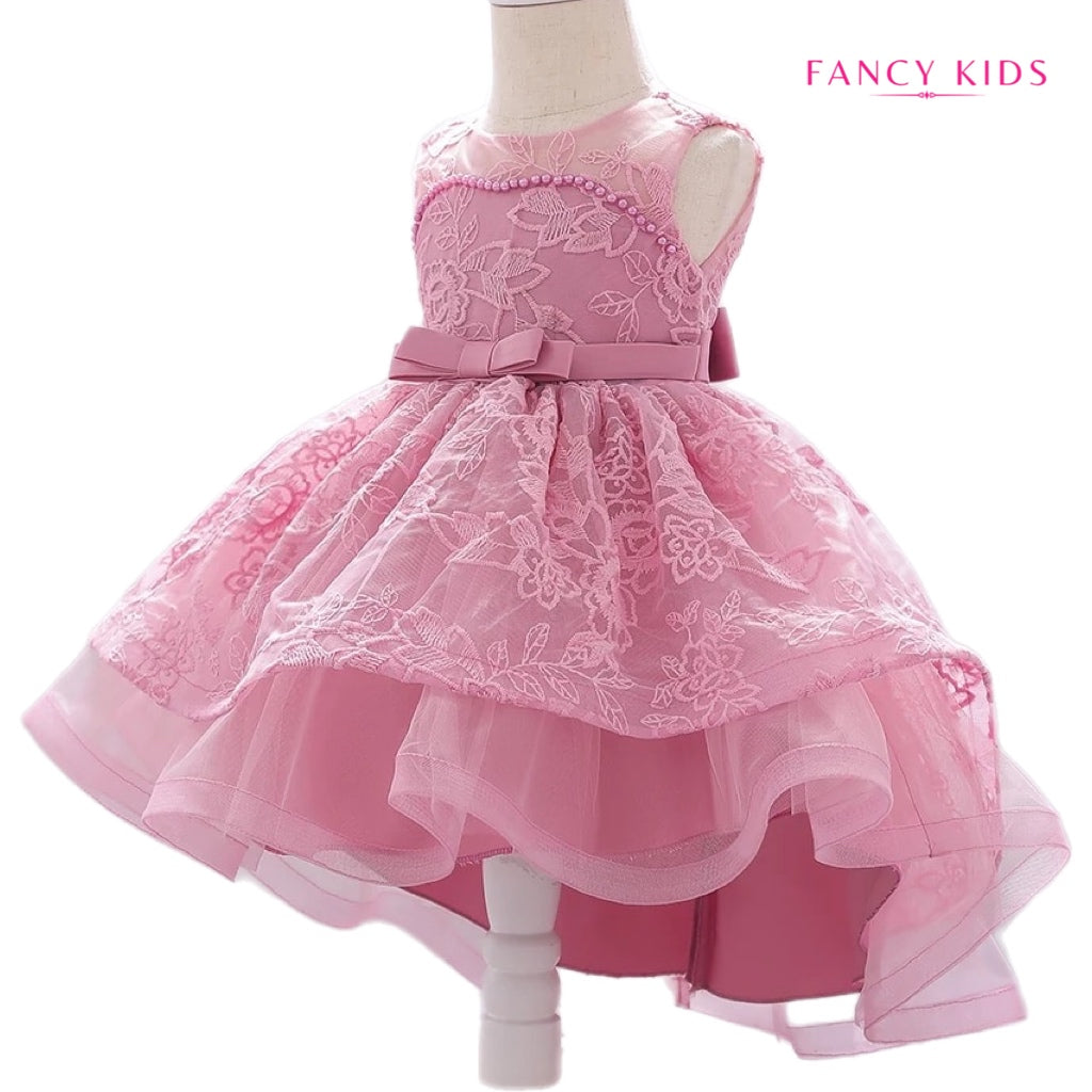 Dust pink long tail embroidered party dress