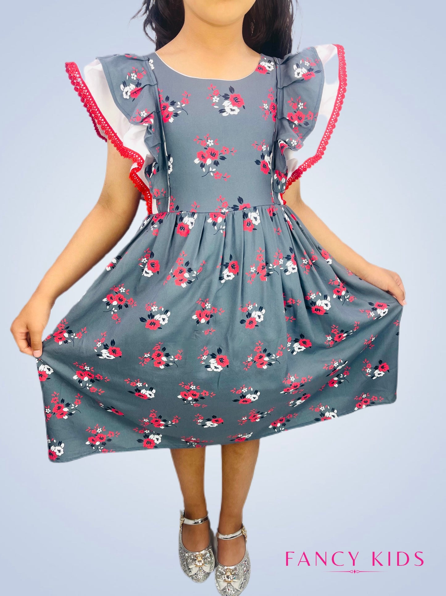 Cotton summer dresses- Grey colour floral-ruffle sleeves