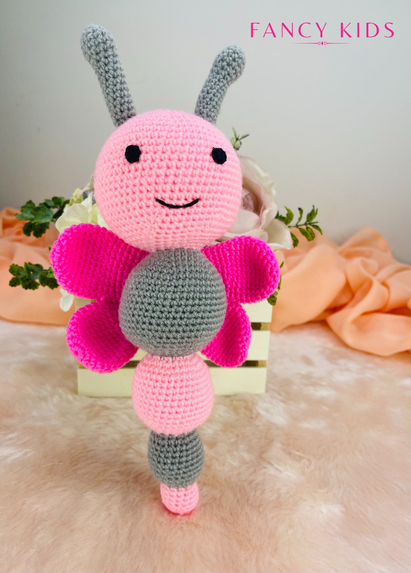 Pink butterfly- Hand knitted stuffed toy