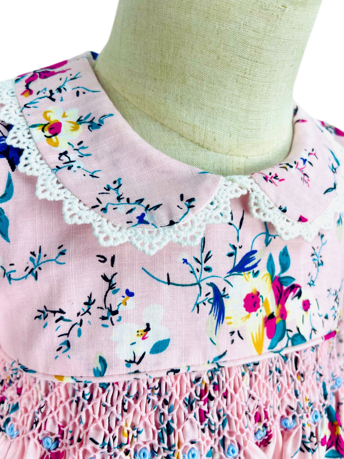 Hannah hand smocked long sleeve pink floral winter dress