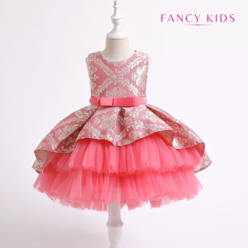 Peach colour embroidered tulle party dress