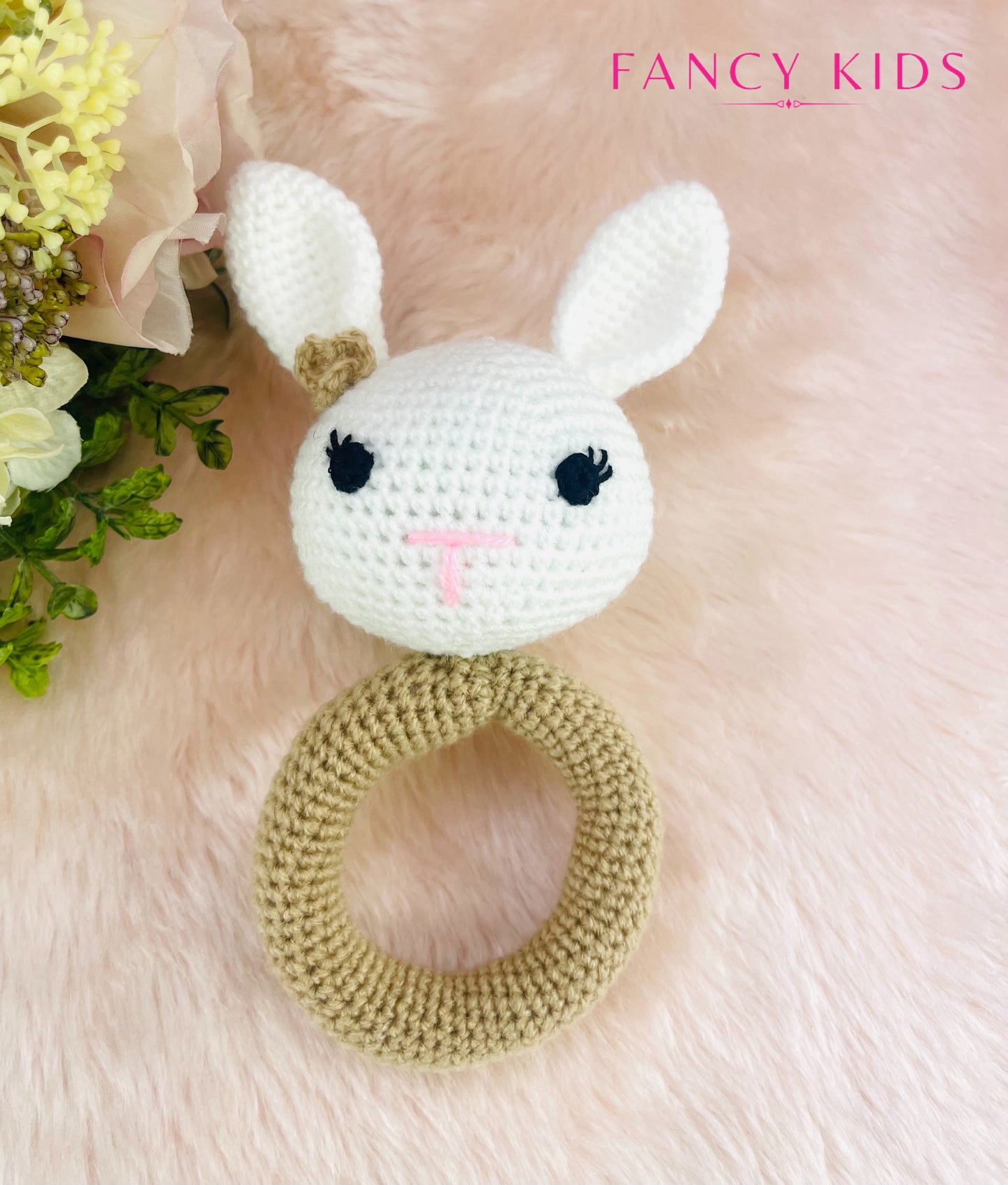 Rattle bunny-brown - Hand knitted stuffed toy