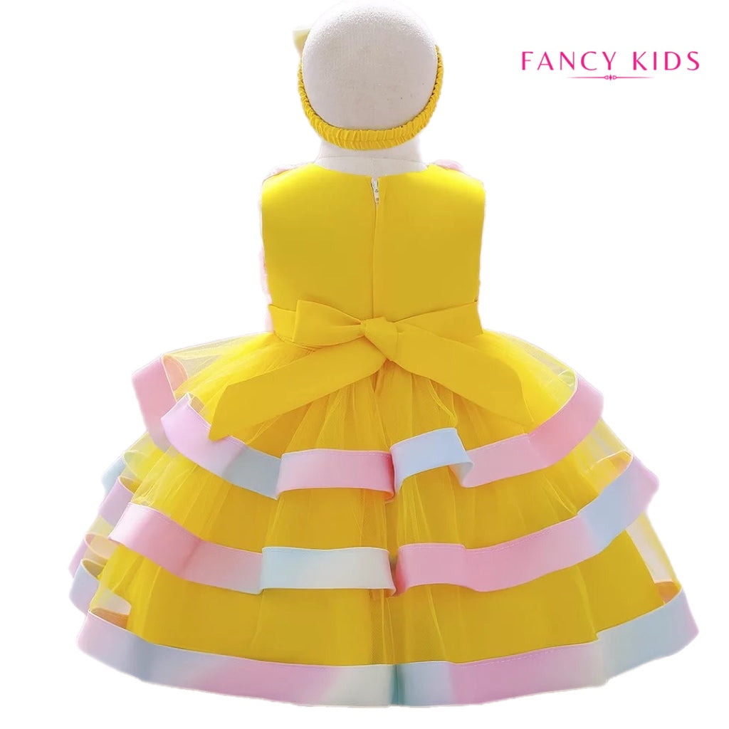 Yellow colour layered dress with 3D flower