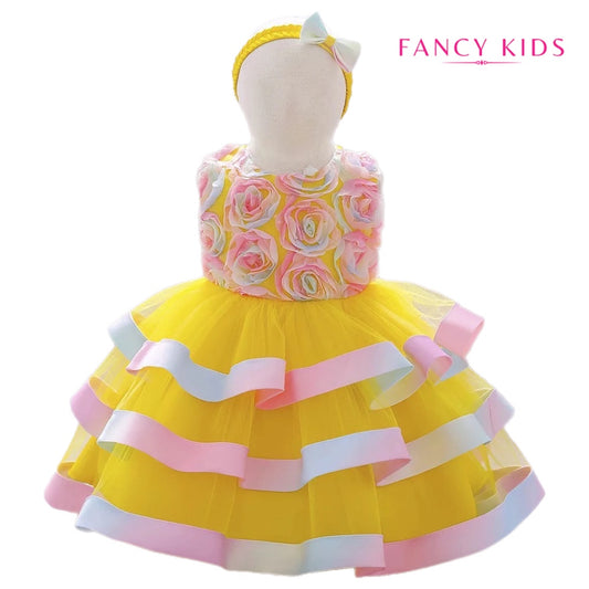 Yellow colour layered dress with 3D flower