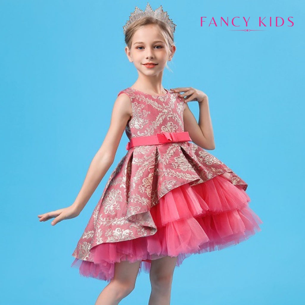 Peach colour embroidered tulle party dress