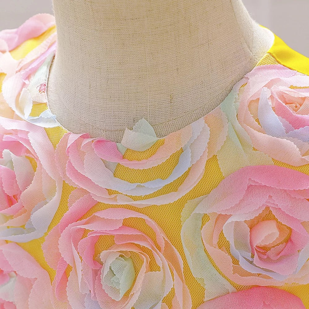 Yellow colour layered dress with 3D flower