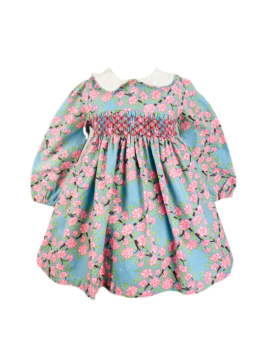 Jane hand smocked long sleeve pink and blue floral winter dress