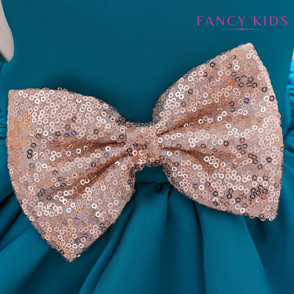 Green colour double bow tulle dress with headband