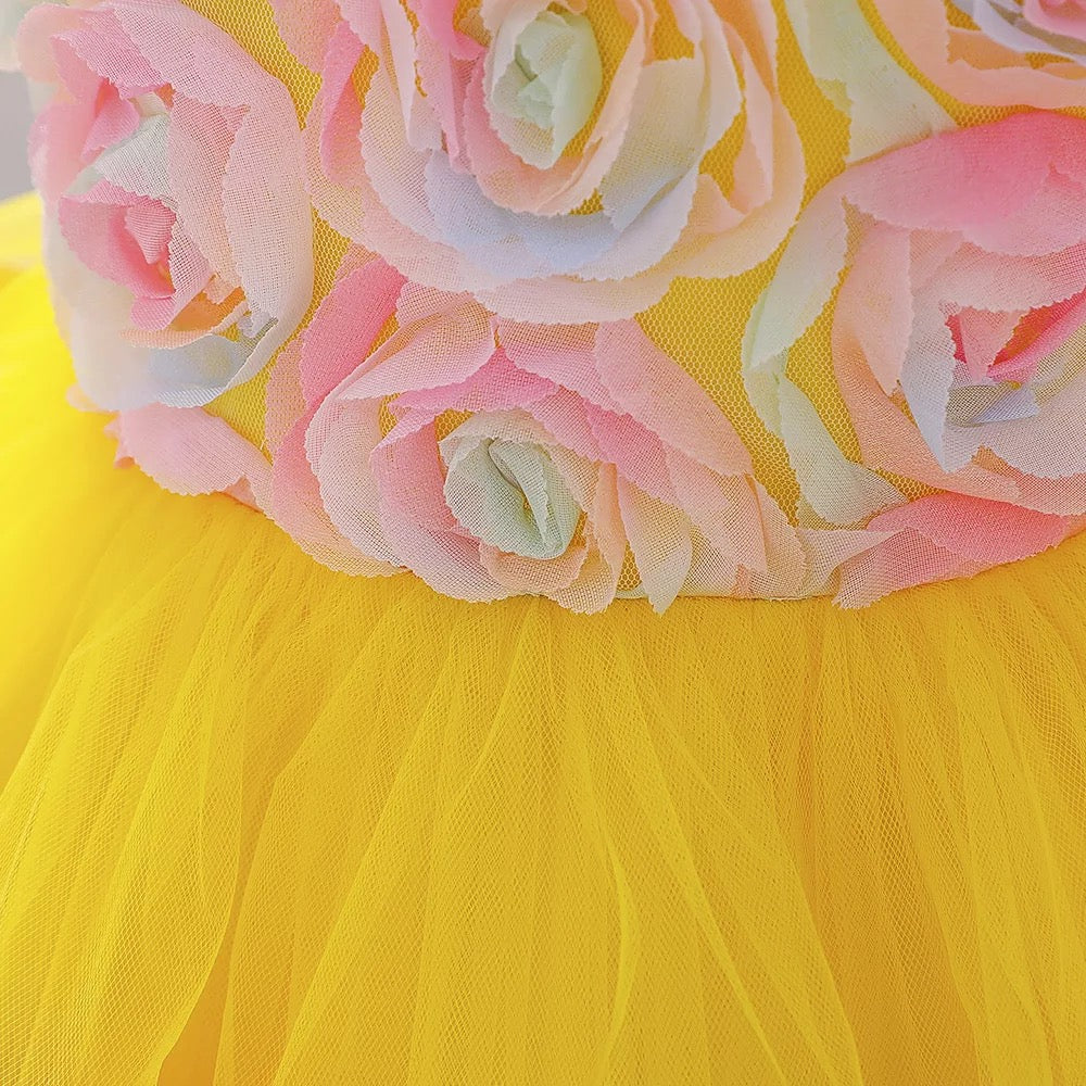 Yellow colour layered dress with 3D flower