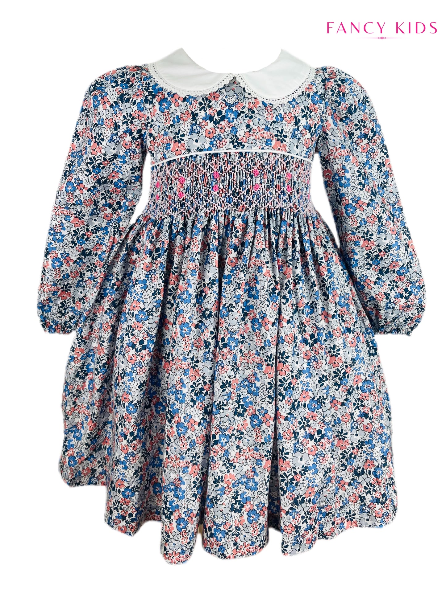Milly hand smocked blue and pink floral long sleeve winter dress