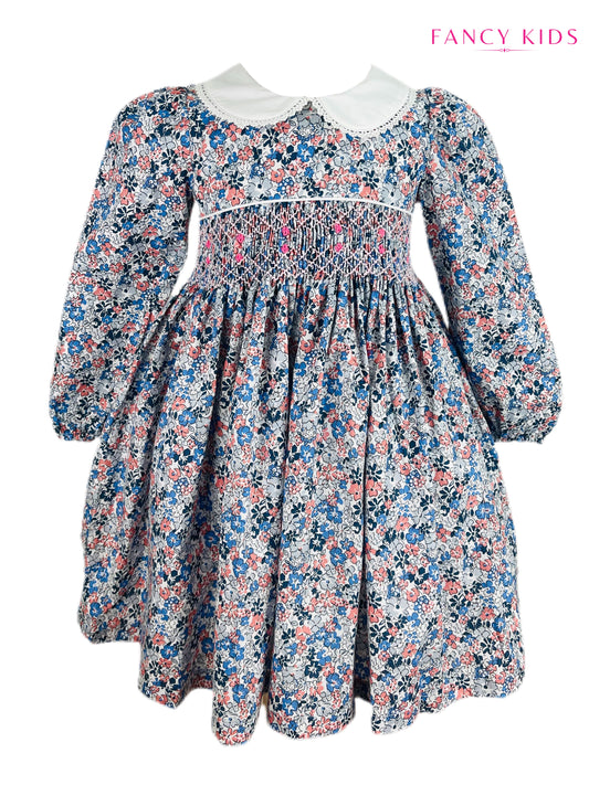 Milly hand smocked blue and pink floral long sleeve winter dress