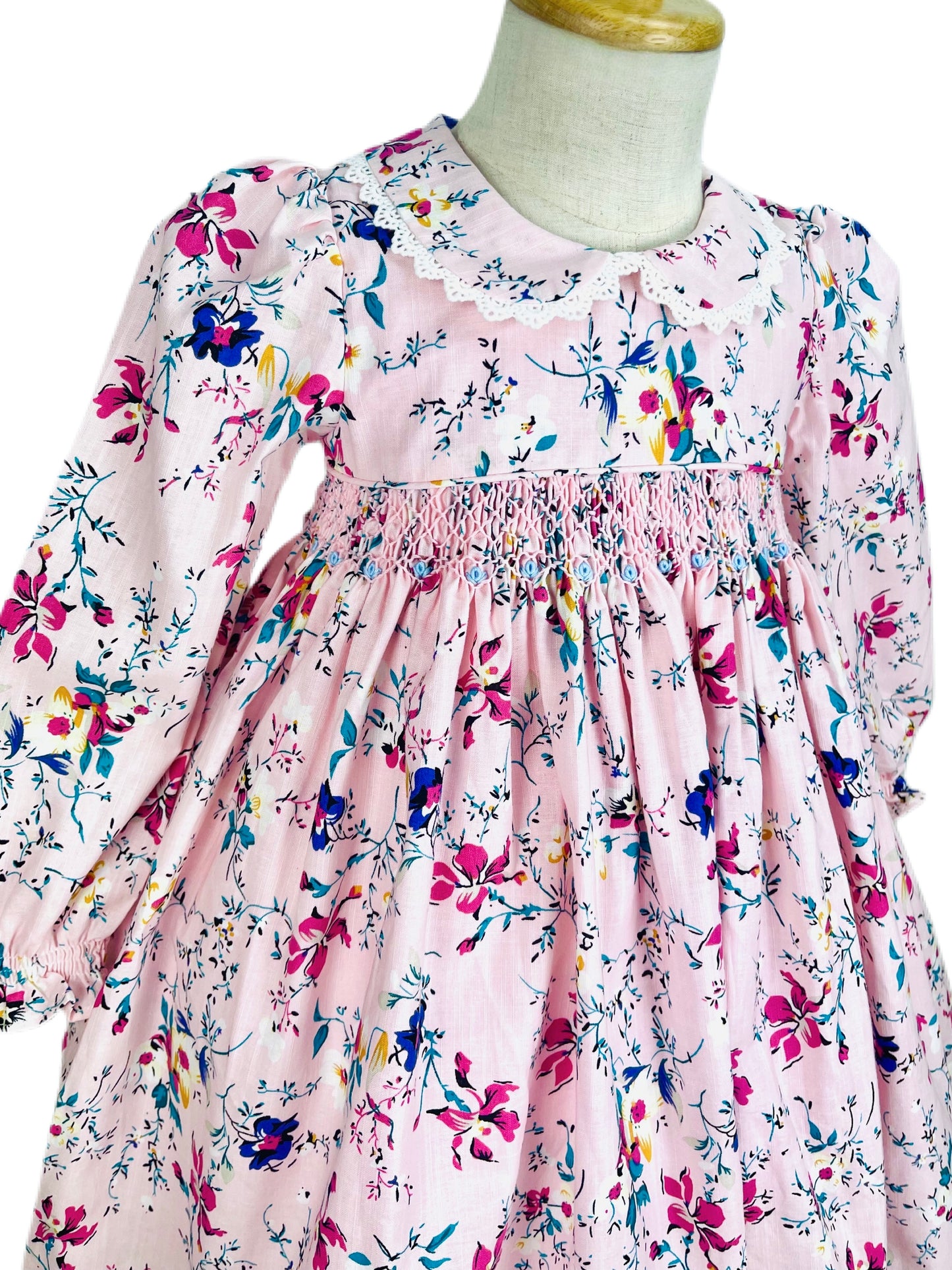 Hannah hand smocked long sleeve pink floral winter dress