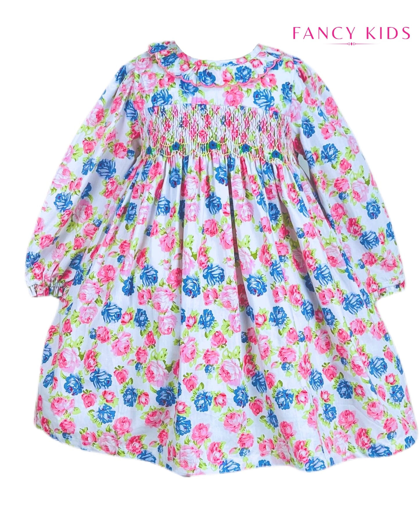 Victoria hand smocked long sleeve pink and blue floral dress