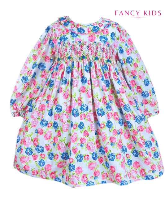 Victoria hand smocked long sleeve pink and blue floral dress