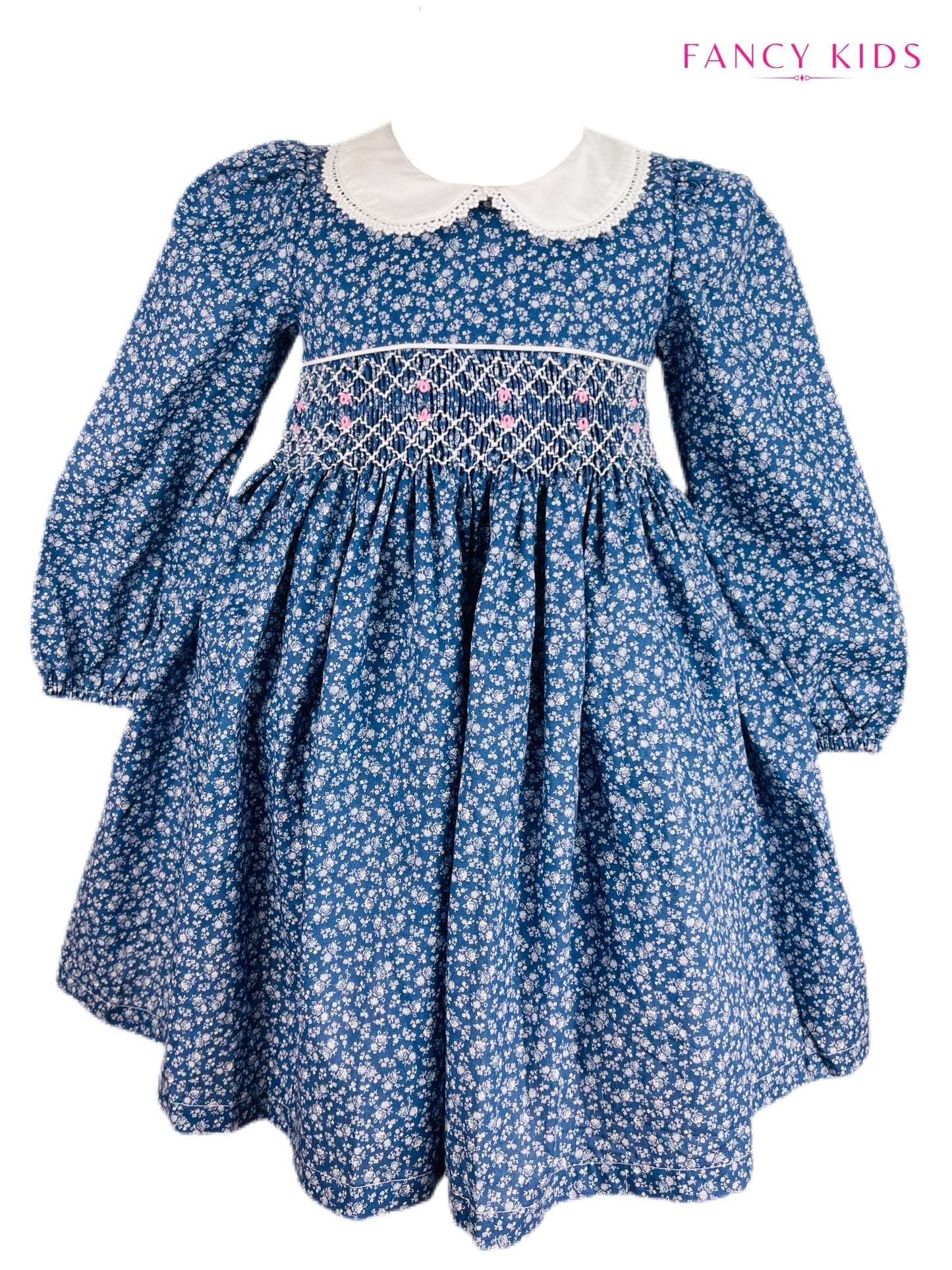 Maya hand smocked long sleeve blue floral winter dress