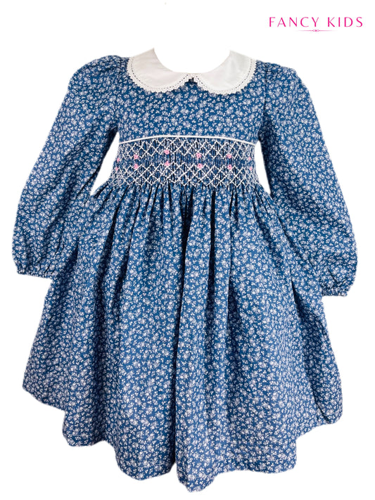 Maya hand smocked long sleeve blue floral winter dress