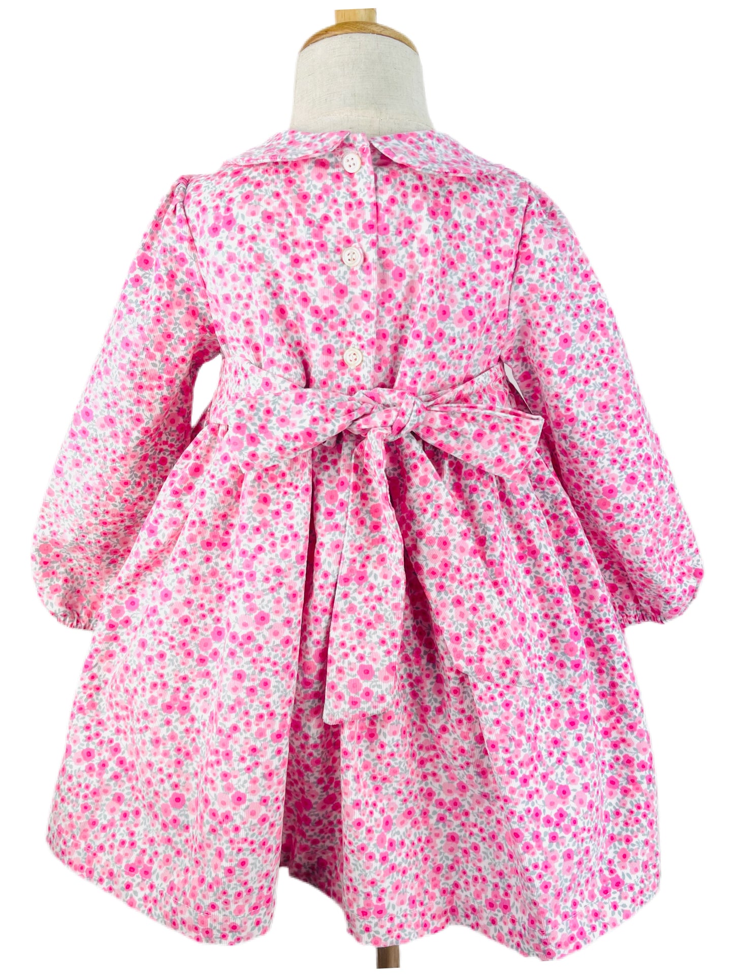 Anna hand smocked pink floral long sleeve winter dress