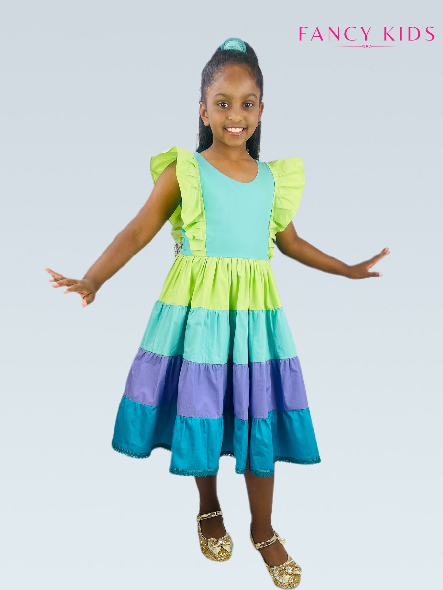 Cotton summer dress-green and purple-layered