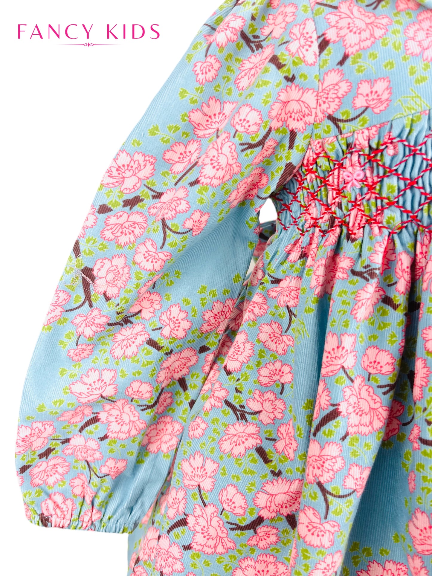 Jane hand smocked long sleeve pink and blue floral winter dress