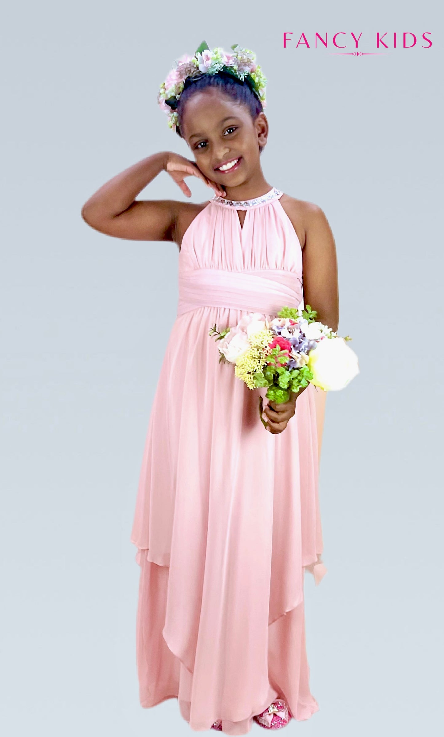 Pink Flower girl dress-high neck- chiffon