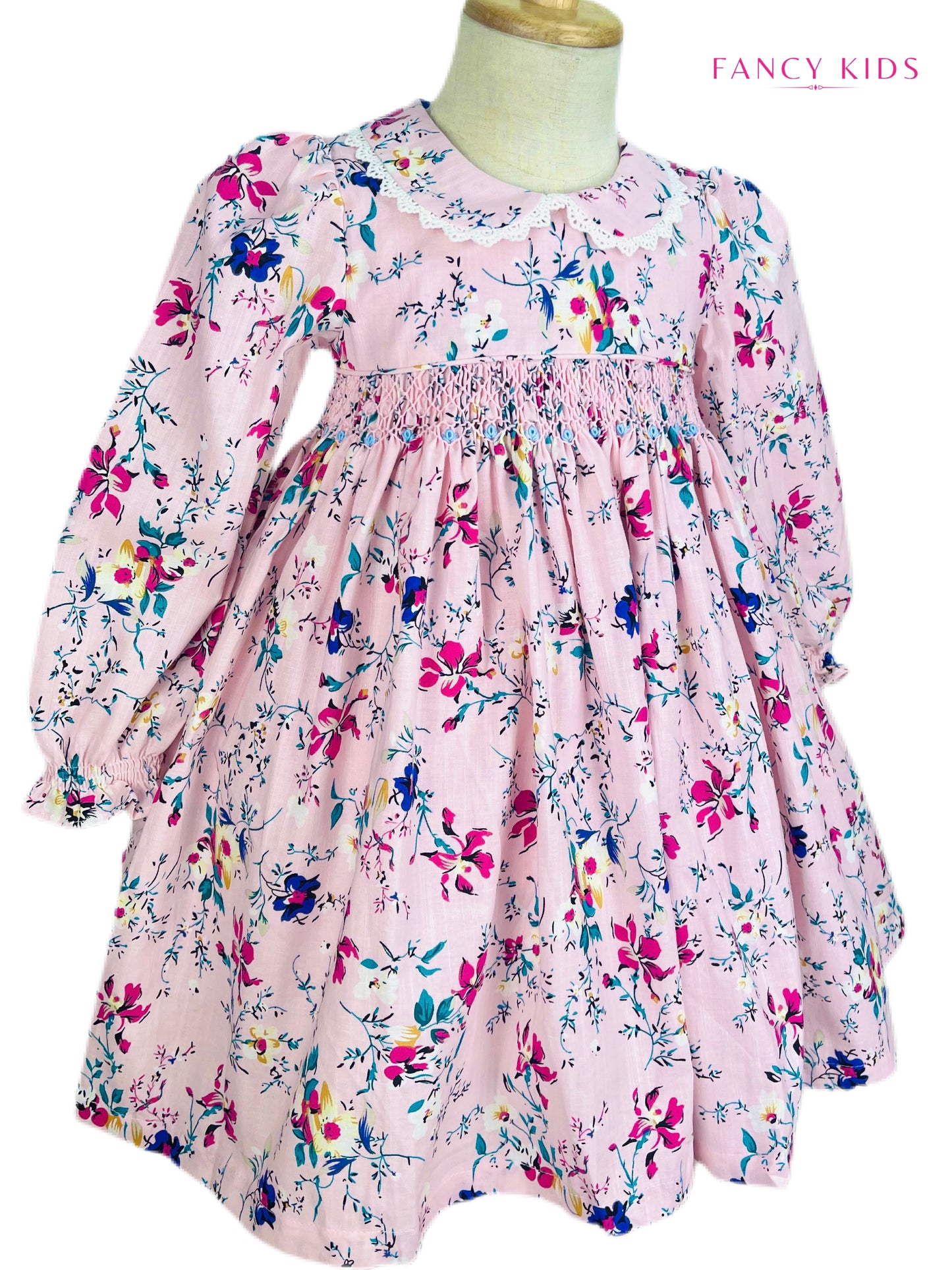 Hannah hand smocked long sleeve pink floral winter dress