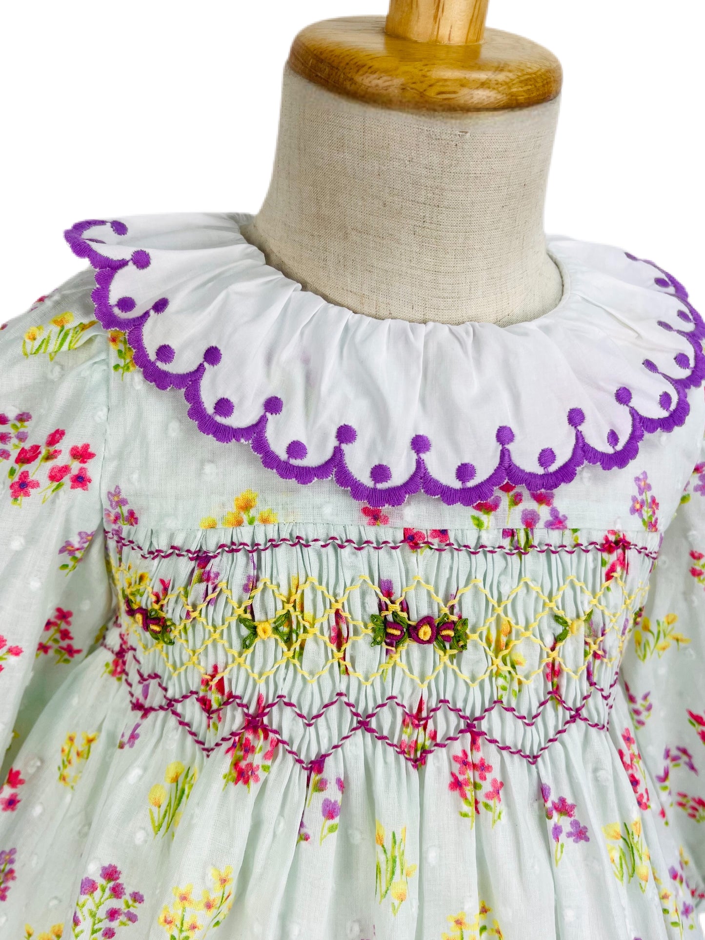 Maria hand smocked light green floral long sleeve  winter dress