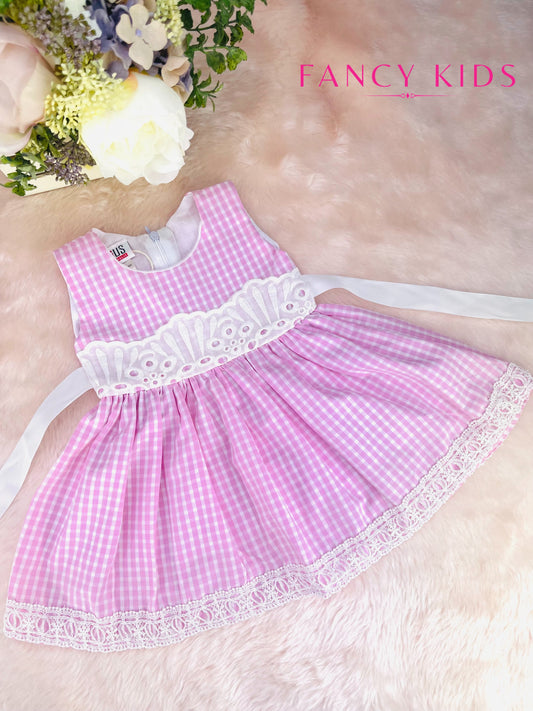 Pink colour checked summer cotton dress