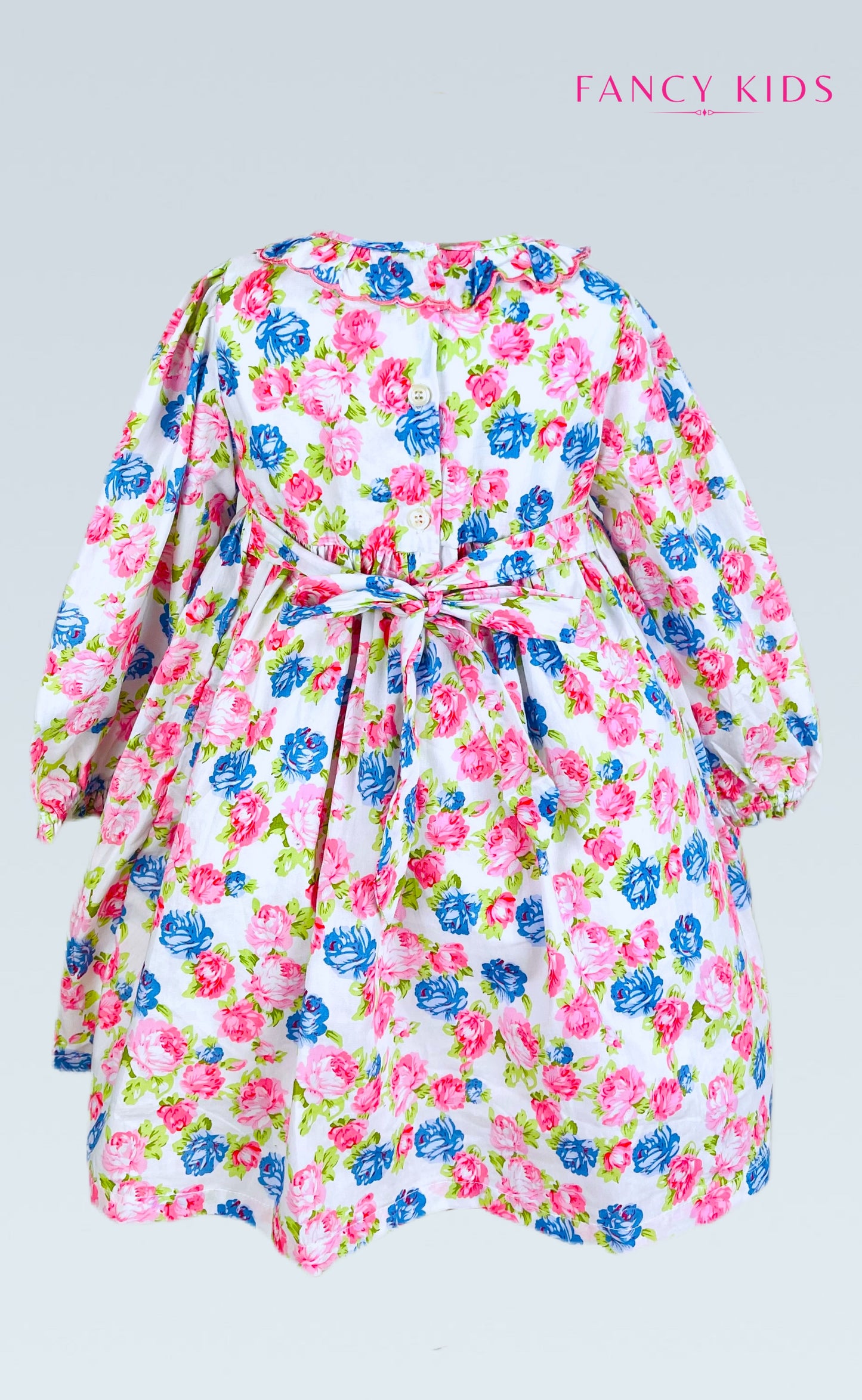 Victoria hand smocked long sleeve pink and blue floral dress