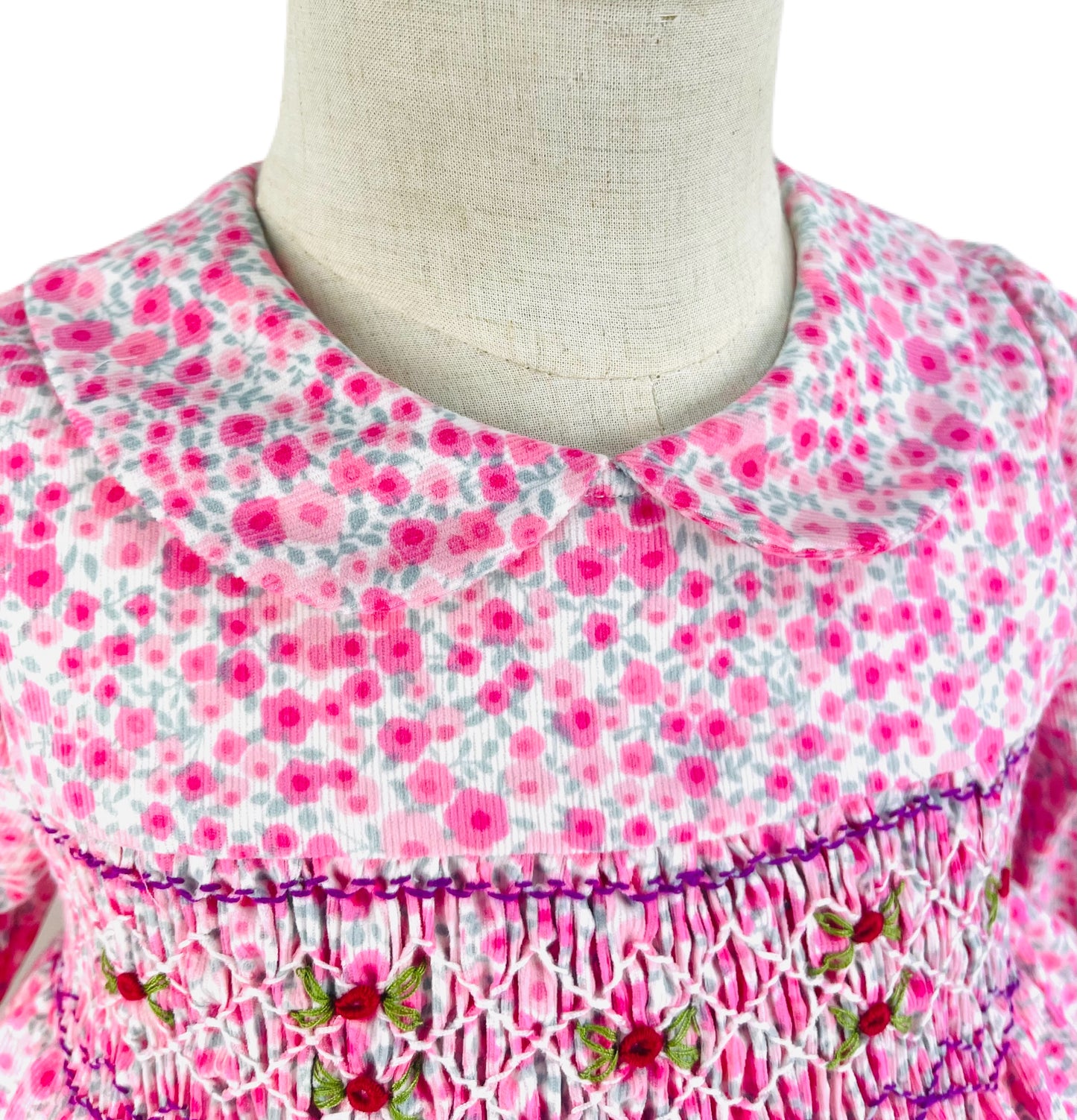 Anna hand smocked pink floral long sleeve winter dress