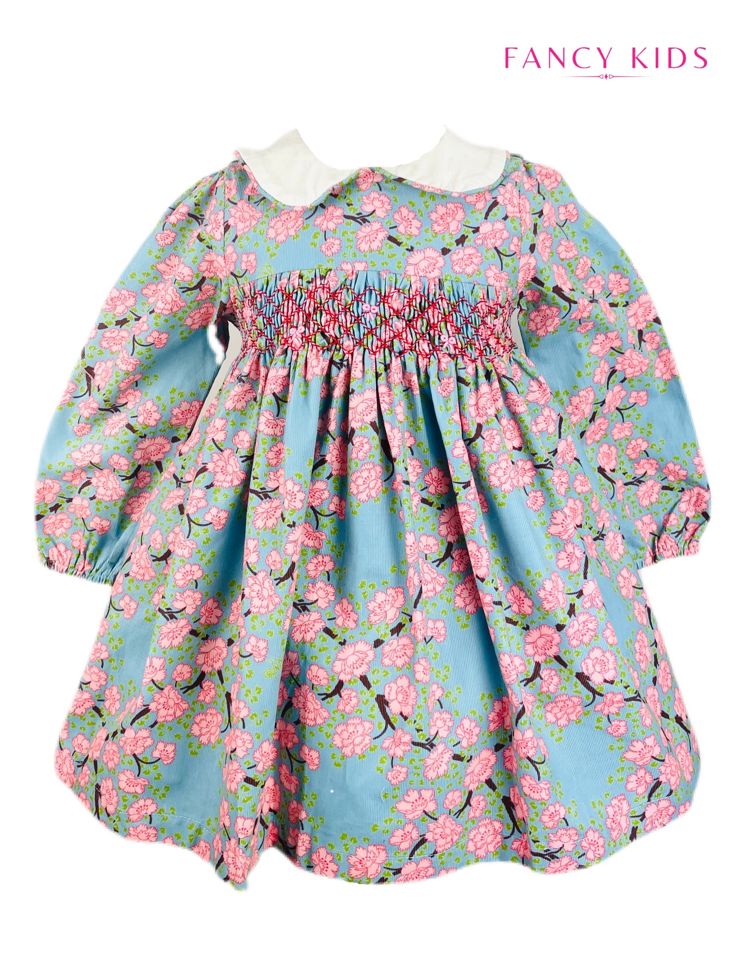 Jane hand smocked long sleeve pink and blue floral winter dress