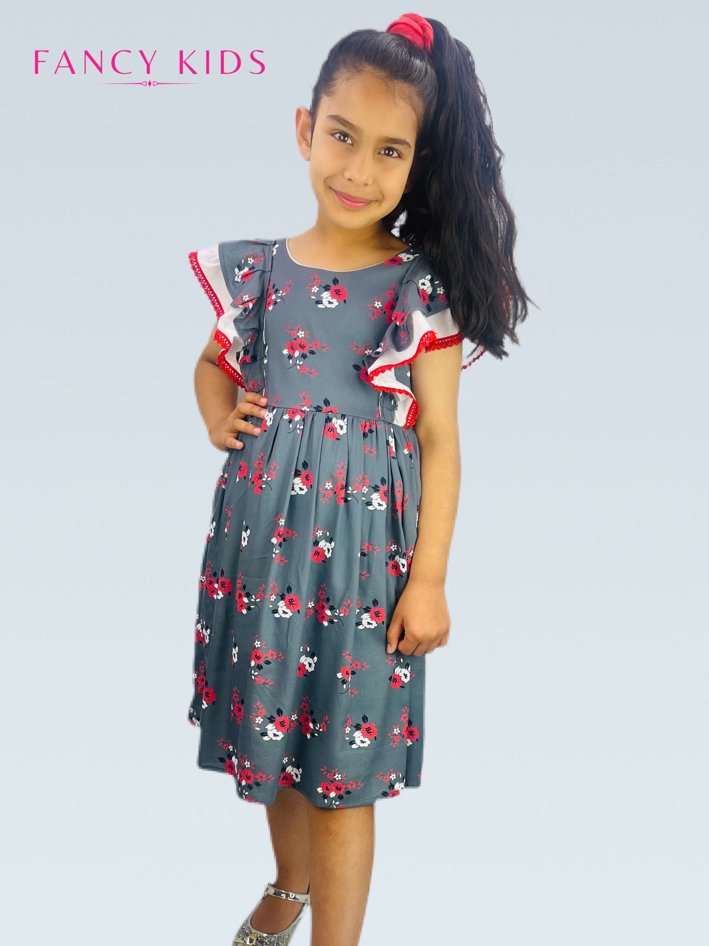 Cotton summer dresses- Grey colour floral-ruffle sleeves