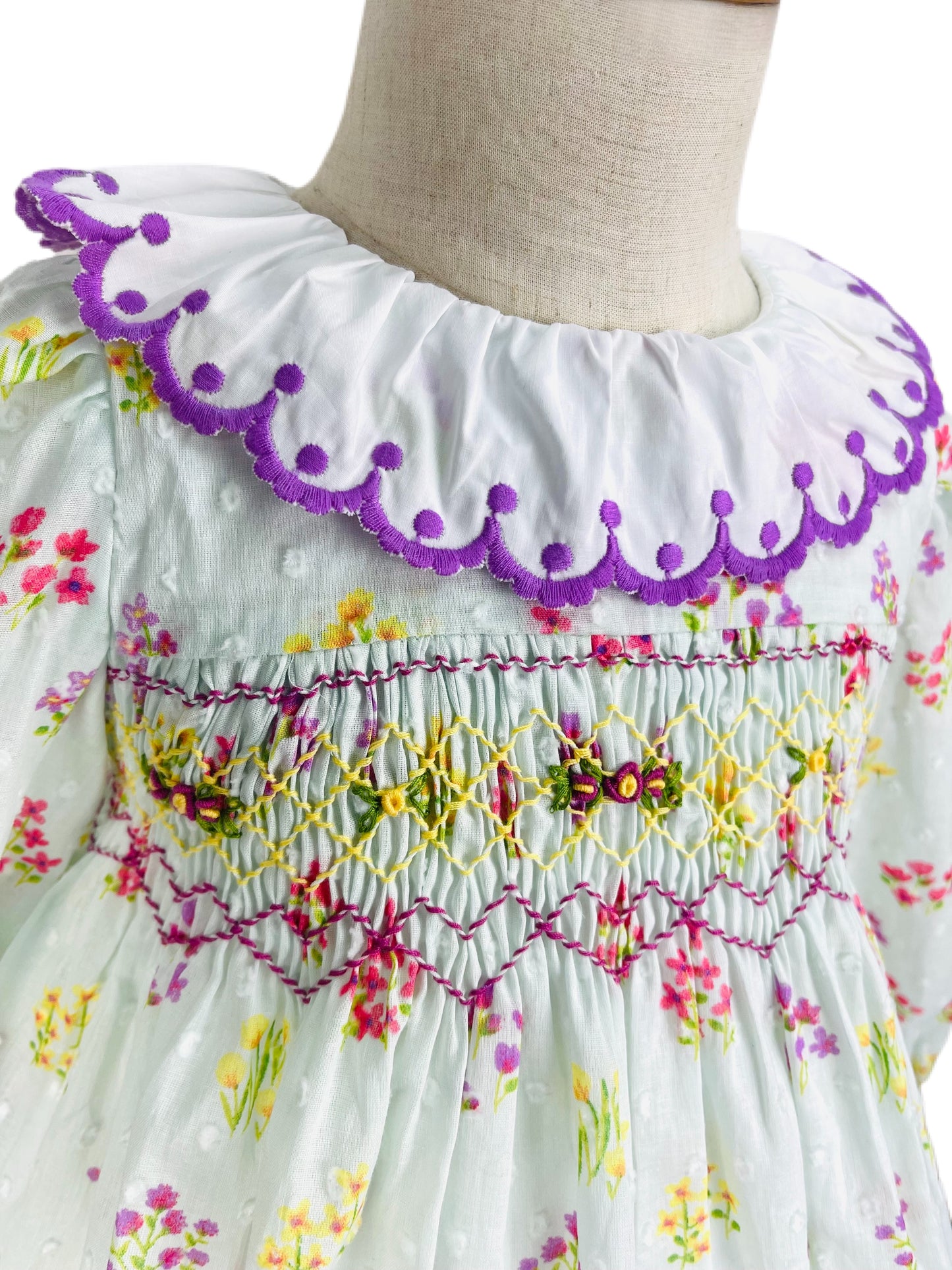 Maria hand smocked light green floral long sleeve  winter dress