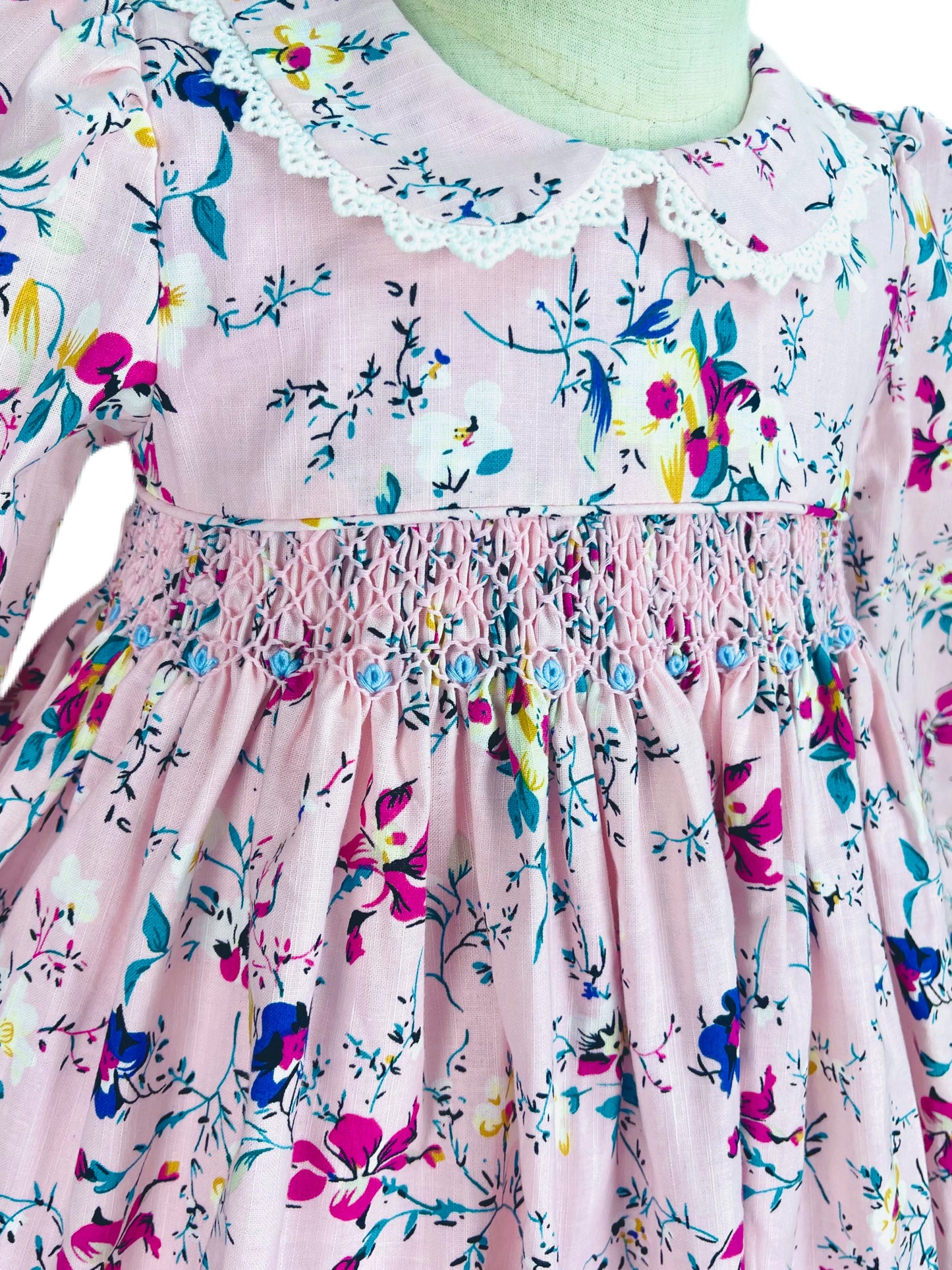 Hannah hand smocked long sleeve pink floral winter dress