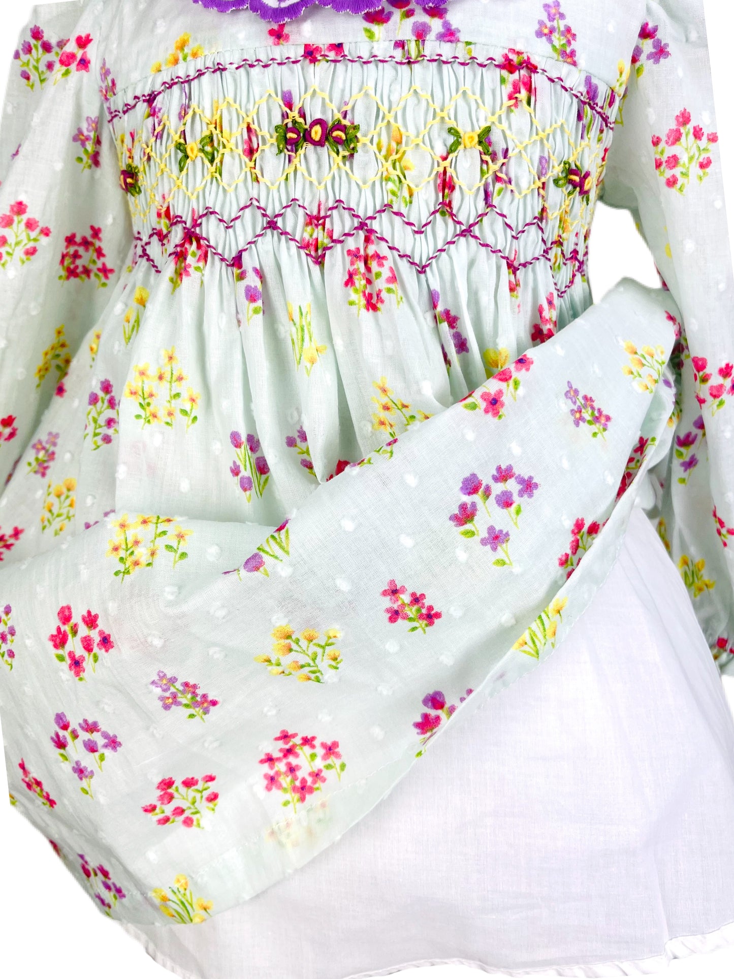 Maria hand smocked light green floral long sleeve  winter dress