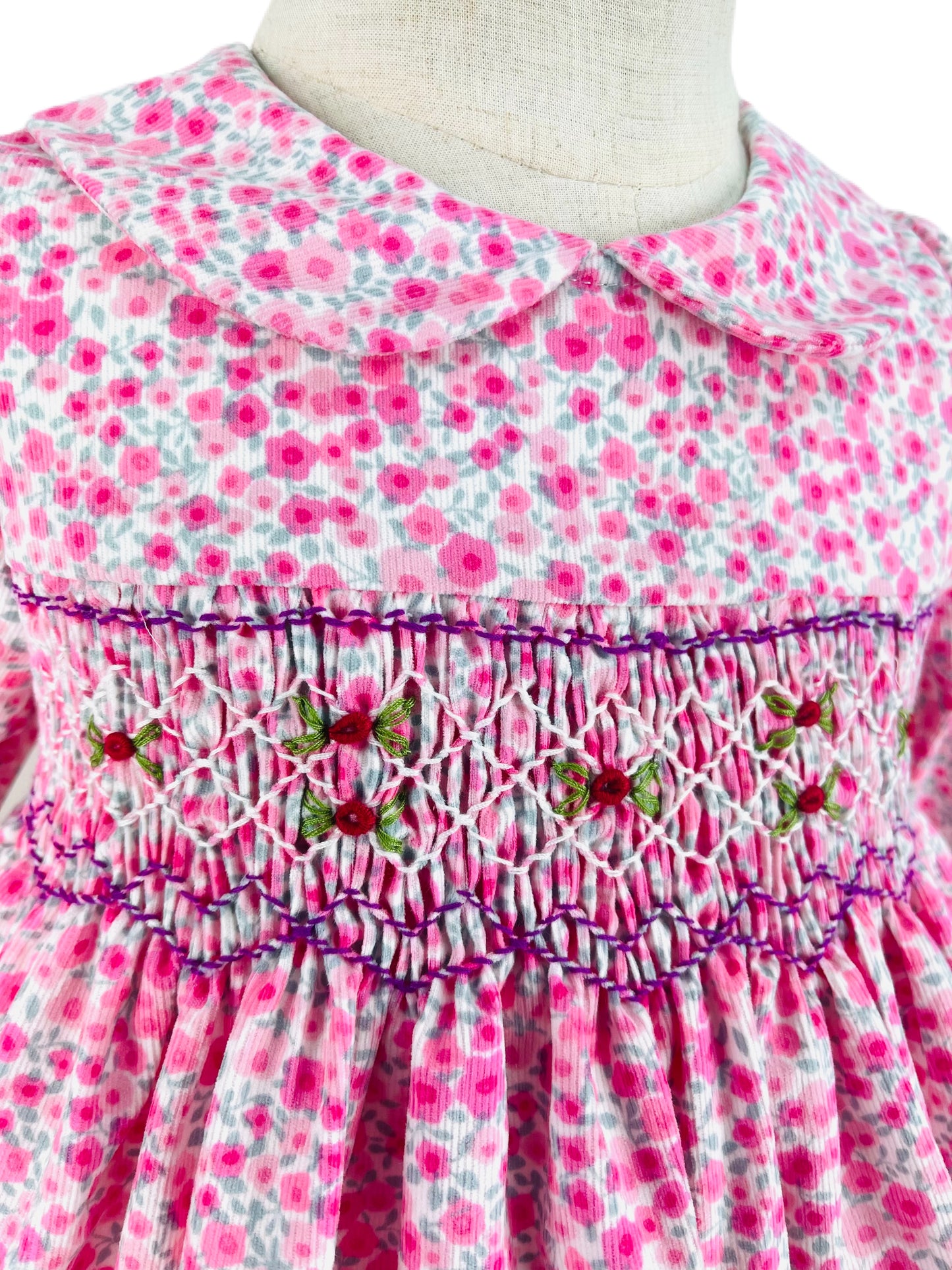 Anna hand smocked pink floral long sleeve winter dress