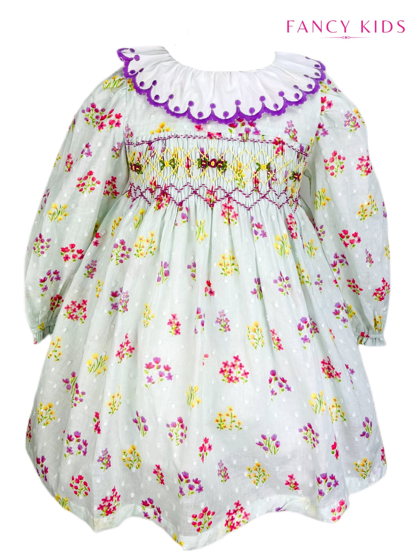 Maria hand smocked light green floral long sleeve  winter dress