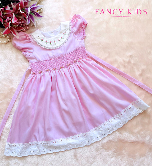 Hand smocked hand embroidered pink cotton dress