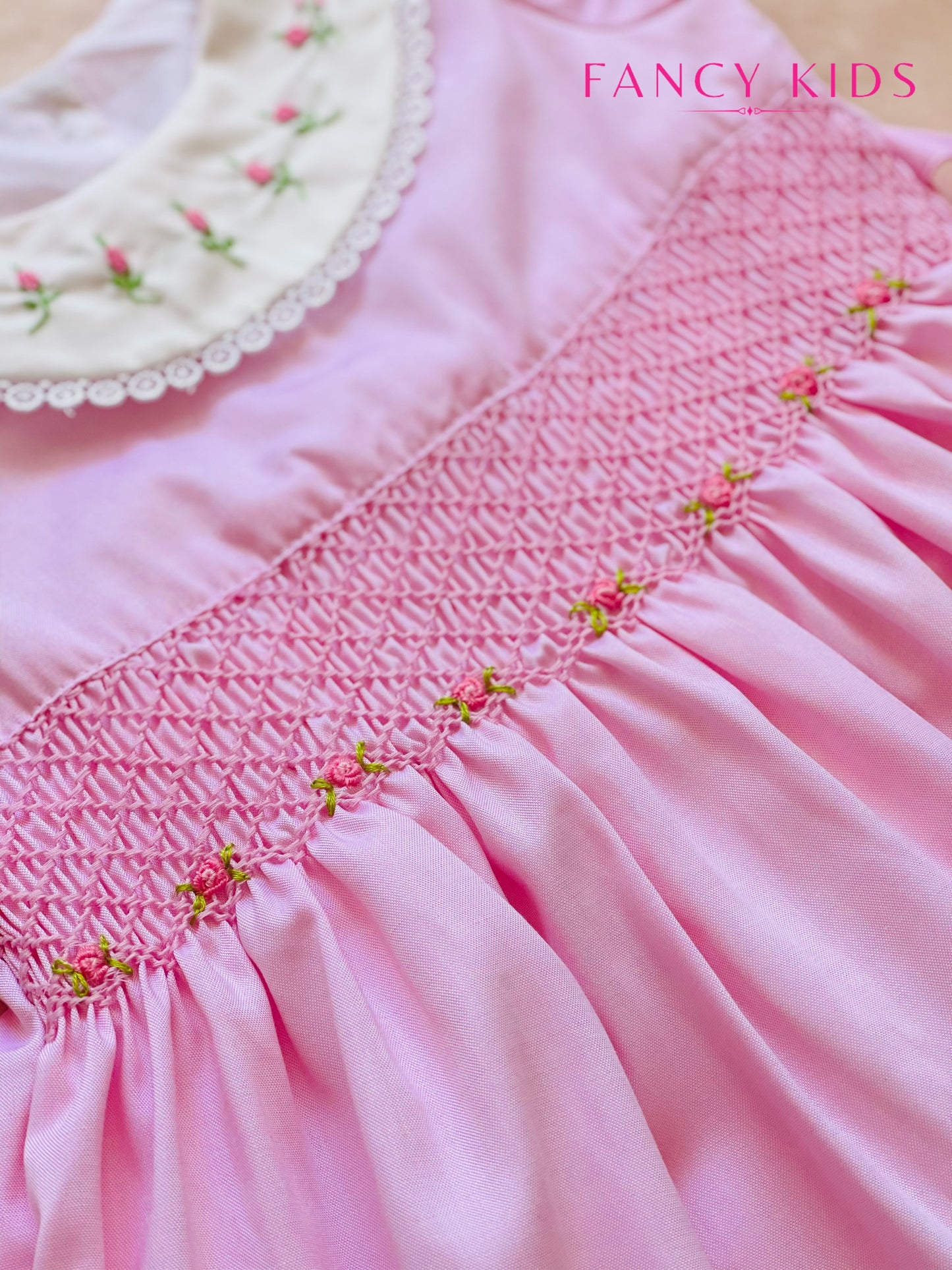 Hand smocked hand embroidered pink cotton dress